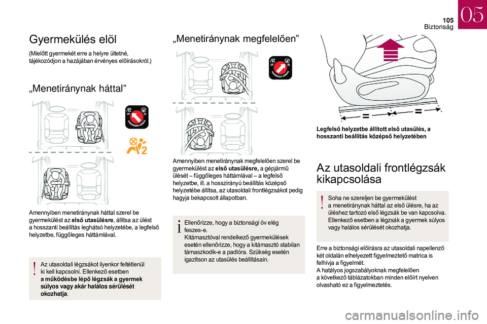 CITROEN DS3 CABRIO 2018 Kezelési útmutató (in Hungarian) 105
Gyermekülés elöl
(Mielőtt gyermekét erre a helyre ültetné,
t ájékozódjon a hazájában ér vényes előírásokról.)
„Menetiránynak háttal”
Amennyiben menetiránynak háttal sz CITROEN DS3 CABRIO 2018 Kezelési útmutató (in Hungarian) 105
Gyermekülés elöl
(Mielőtt gyermekét erre a helyre ültetné,
t ájékozódjon a hazájában ér vényes előírásokról.)
„Menetiránynak háttal”
Amennyiben menetiránynak háttal sz