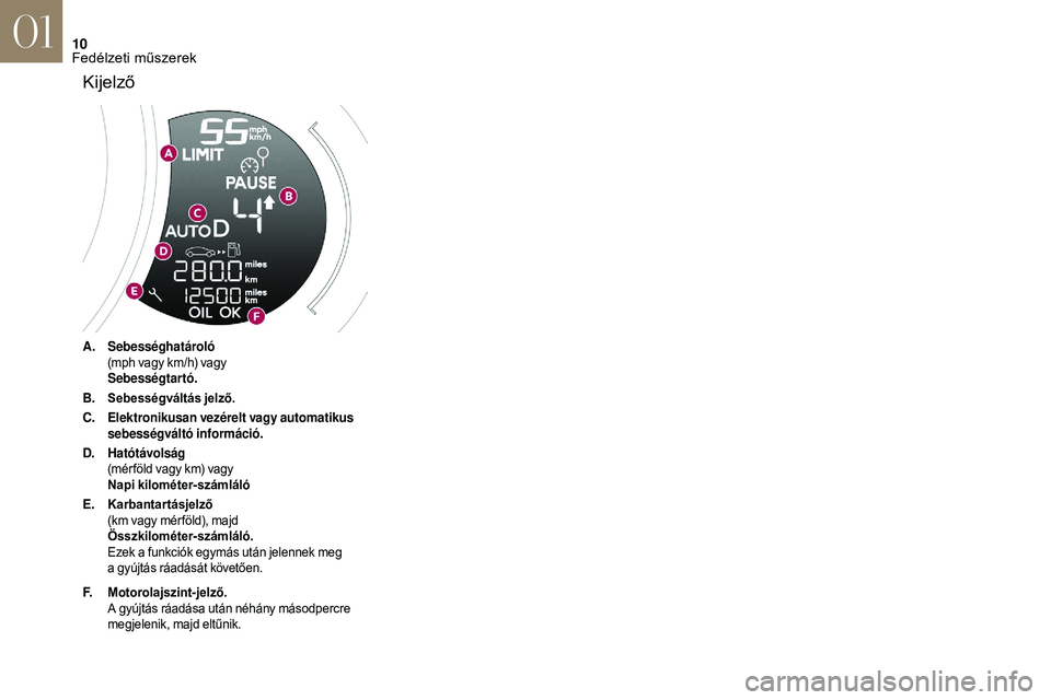 CITROEN DS3 CABRIO 2018 Kezelési útmutató (in Hungarian) 10
A.Sebességhatároló
(mph vagy km/h) vagy
Sebességtartó.
B. Sebességváltás jelző.
C. Elektronikusan vezérelt vagy automatikus
sebességváltó információ.
D. Hatótávolság
(mér föld CITROEN DS3 CABRIO 2018 Kezelési útmutató (in Hungarian) 10
A.Sebességhatároló
(mph vagy km/h) vagy
Sebességtartó.
B. Sebességváltás jelző.
C. Elektronikusan vezérelt vagy automatikus
sebességváltó információ.
D. Hatótávolság
(mér föld