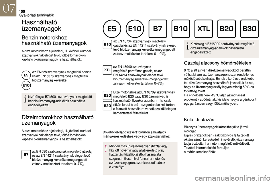 CITROEN DS3 CABRIO 2018 Kezelési útmutató (in Hungarian) 150
Használható
üzemanyagok
Benzinmotorokhoz
használható üzemanyagok
A dízelmotorokhoz a jelenlegi, ill. jövőbeli európai
s zabványoknak eleget tevő, töltőállomásokon
kapható bio CITROEN DS3 CABRIO 2018 Kezelési útmutató (in Hungarian) 150
Használható
üzemanyagok
Benzinmotorokhoz
használható üzemanyagok
A dízelmotorokhoz a jelenlegi, ill. jövőbeli európai
s zabványoknak eleget tevő, töltőállomásokon
kapható bio