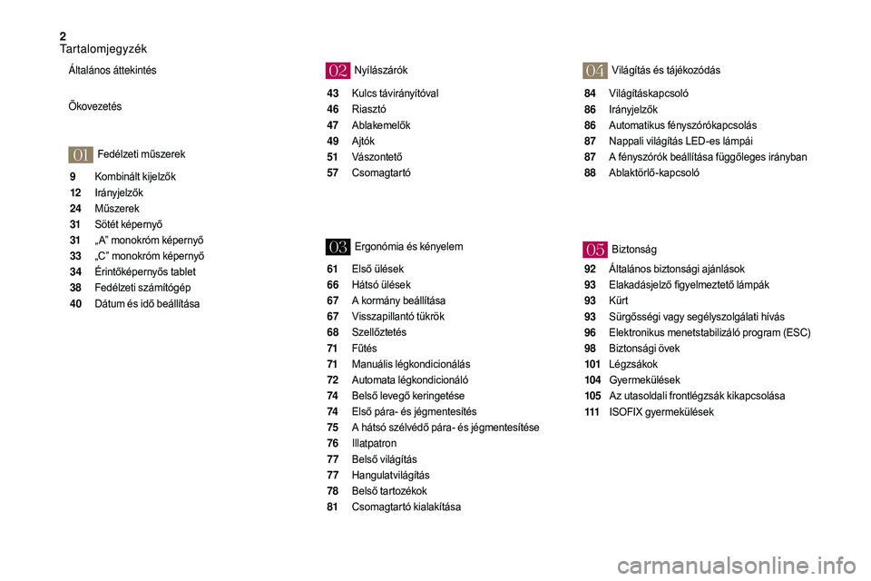 CITROEN DS3 2018  Kezelési útmutató (in Hungarian) 2
01
02
03
04
05
9 Kombinált kijelzők
12
 I
rányjelzők
24
 M

űszerek
31
 S

ötét képernyő
31
 „

A” monokróm képernyő
33
 „

C” monokróm képernyő
34
 É

rintőképernyős tabl