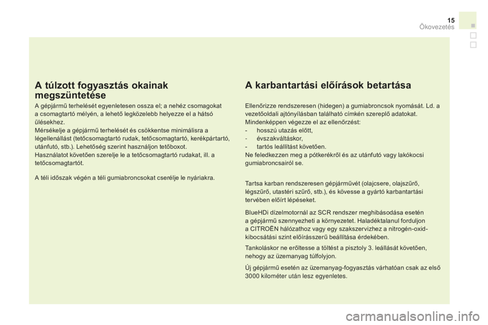 CITROEN DS3 2017  Kezelési útmutató (in Hungarian) 15
DS3_hu_Chap00c_eco-conduite_ed02-2015
A túlzott fogyasztás okainak 
megszüntetése
A gépjármű terhelését egyenletesen ossza el; a nehéz csomagokat 
a csomagtartó mélyén, a lehető legk�