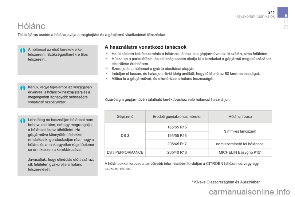 CITROEN DS3 2017 Kezelési útmutató (in Hungarian) 2 11
DS3_hu_Chap08_info-pratiques_ed02-2015
Javasoljuk, hogy elindulás előtt száraz,
sík felületen gyakorolja a hólánc
felszerelését.
Hólánc
Téli időjárás esetén a hólánc javítja CITROEN DS3 2017 Kezelési útmutató (in Hungarian) 2 11
DS3_hu_Chap08_info-pratiques_ed02-2015
Javasoljuk, hogy elindulás előtt száraz,
sík felületen gyakorolja a hólánc
felszerelését.
Hólánc
Téli időjárás esetén a hólánc javítja