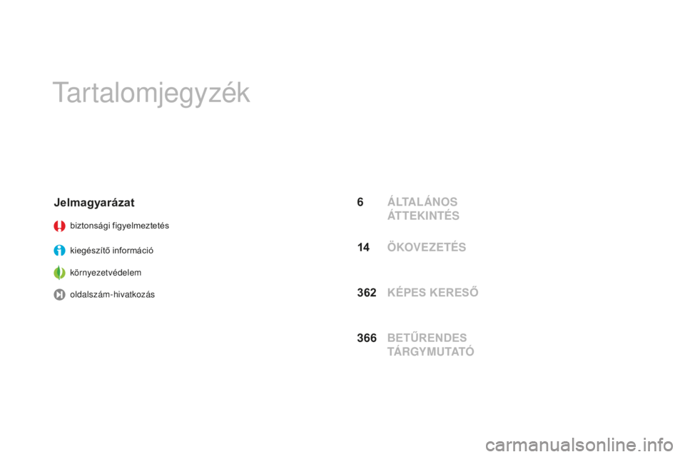 CITROEN DS3 2017  Kezelési útmutató (in Hungarian) DS3_hu_Chap00a_sommaire_ed02-2015
tartalomjegyzék
6 ÁLTALÁNOS ÁTTEKINTÉS
Jelmagyarázat
biztonsági figyelmeztetés
kiegészítő információ
környezetvédelem
oldalszám-hivatkozás
362 KÉPES