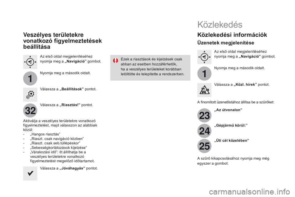 CITROEN DS3 2017  Kezelési útmutató (in Hungarian) 11
23
24
25
32
Veszélyes területekre 
vonatkozó figyelmeztetések 
beállítása
Az első oldal megjelenítéséhez 
nyomja meg a „Navigáció” gombot.
Nyomja meg a második oldalt.
Válassza a
