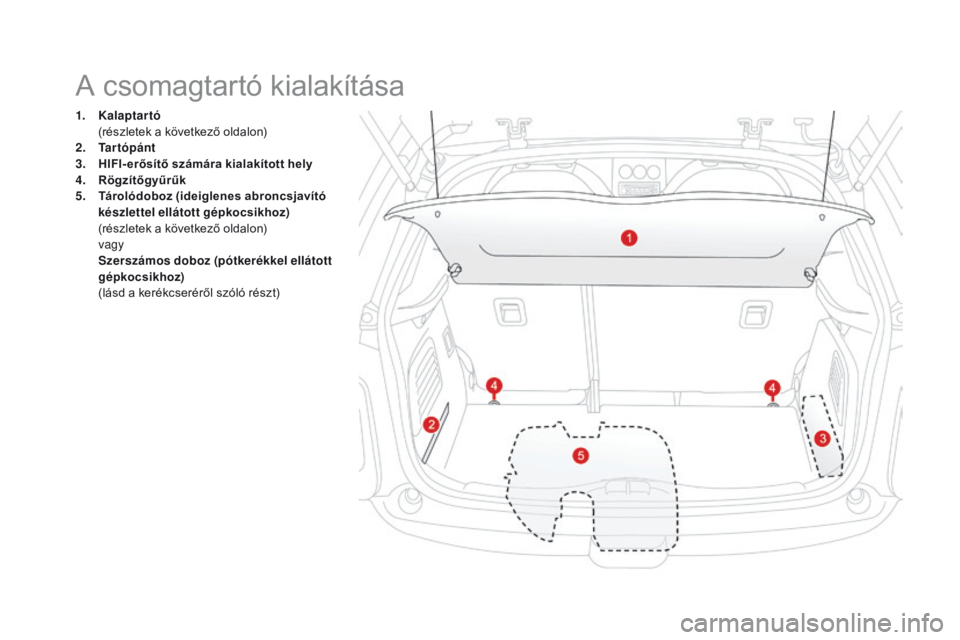 CITROEN DS3 2016 Kezelési útmutató (in Hungarian) DS3_hu_Chap03_confort_ed01-2015
1. Kalaptartó (
részletek a következő oldalon)
2.
T
artópánt
3.
H
IFI- erősítő számára kialakított hely
4.
R
ögzítőgyűrűk
5.
T
árolódoboz (i CITROEN DS3 2016 Kezelési útmutató (in Hungarian) DS3_hu_Chap03_confort_ed01-2015
1. Kalaptartó (
részletek a következő oldalon)
2.
T
artópánt
3.
H
IFI- erősítő számára kialakított hely
4.
R
ögzítőgyűrűk
5.
T
árolódoboz (i