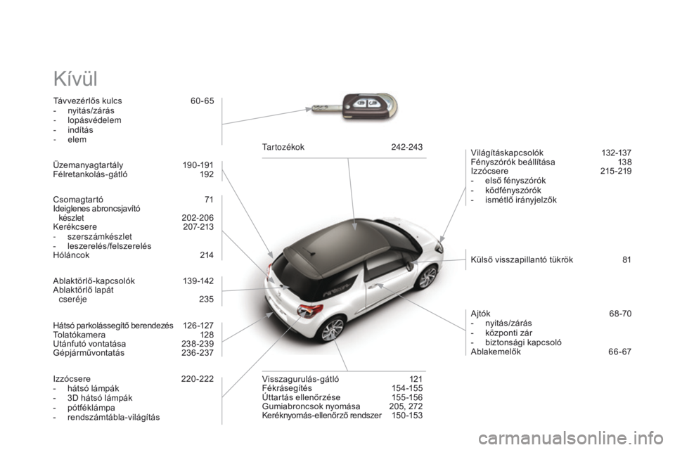 CITROEN DS3 2015  Kezelési útmutató (in Hungarian) DS3_hu_Chap14_index-recherche_ed01-2014
Kívül
Távvezérlős kulcs  60 - 65
- n yitás/zárás
-
 

lopásvédelem
-
 
i
 ndítás
-
  elem Világításkapcsolók 
 1

32-137
Fényszórók beállít