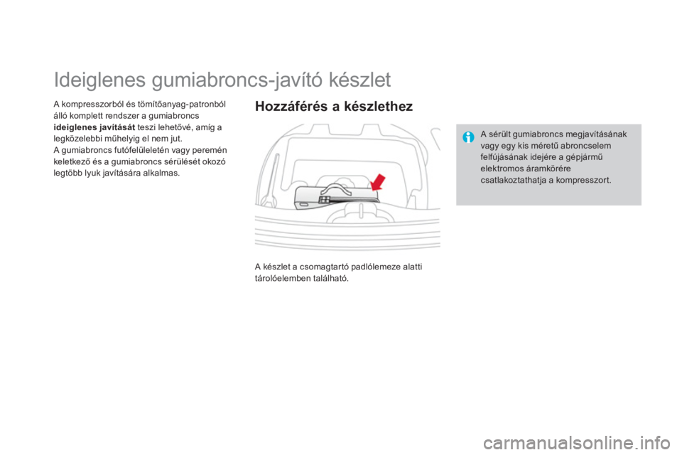 CITROEN DS3 2014  Kezelési útmutató (in Hungarian)    
 
 
 
 
 
 
 
 
 
 
 
Ideiglenes gumiabroncs-javító készlet 
 
 A kompresszorból és tömítőanyag-patronból álló komplett rendszer a gumiabroncsideiglenes javítását 
 teszi lehetőv