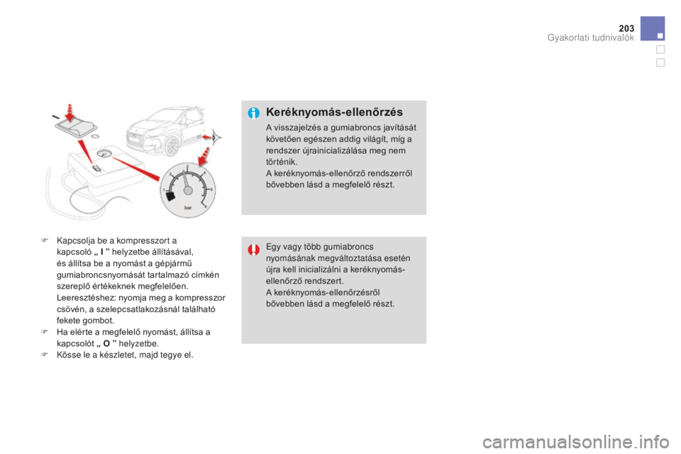CITROEN DS3 CABRIO 2017  Kezelési útmutató (in Hungarian) 203
DS3_hu_Chap08_info-pratiques_ed02-2015
F Kapcsolja be a kompresszort a kapcsoló  „ I ” helyzetbe állításával, 
és állítsa be a nyomást a gépjármű 
gumiabroncsnyomását tartalmazó