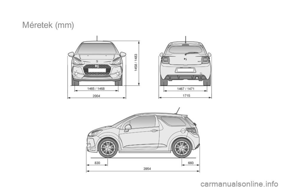 CITROEN DS3 CABRIO 2017 Kezelési útmutató (in Hungarian) DS3_hu_Chap10_caracteristiques_ed02-2015
Méretek (mm) CITROEN DS3 CABRIO 2017 Kezelési útmutató (in Hungarian) DS3_hu_Chap10_caracteristiques_ed02-2015
Méretek (mm)