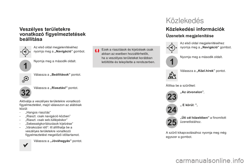 CITROEN DS3 CABRIO 2017 Kezelési útmutató (in Hungarian) 11
23
24
25
32
DS3_hu_Chap11c_SMEGplus_ed02-2015
Veszélyes területekre
vonatkozó figyelmeztetések
beállítása
Az első oldal megjelenítéséhez
nyomja meg a „Navigáció” gombot.
ny
omj CITROEN DS3 CABRIO 2017 Kezelési útmutató (in Hungarian) 11
23
24
25
32
DS3_hu_Chap11c_SMEGplus_ed02-2015
Veszélyes területekre
vonatkozó figyelmeztetések
beállítása
Az első oldal megjelenítéséhez
nyomja meg a „Navigáció” gombot.
ny
omj
