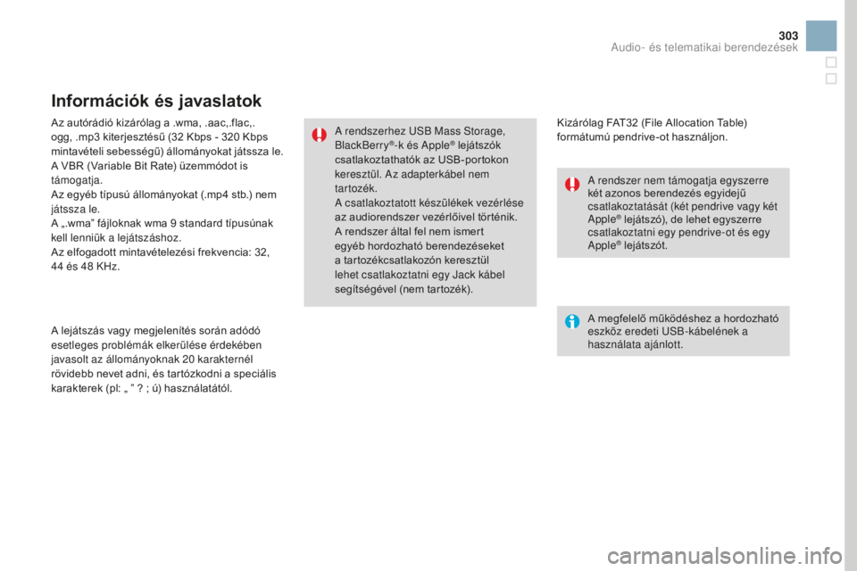 CITROEN DS3 CABRIO 2017 Kezelési útmutató (in Hungarian) 303
DS3_hu_Chap11c_SMEGplus_ed02-2015
Az autórádió kizárólag a .wma, .aac,.flac,.
ogg, .mp3 kiterjesztésű (32 Kbps - 320 Kbps
mintavételi sebességű) állományokat játssza le.
A VBR ( CITROEN DS3 CABRIO 2017 Kezelési útmutató (in Hungarian) 303
DS3_hu_Chap11c_SMEGplus_ed02-2015
Az autórádió kizárólag a .wma, .aac,.flac,.
ogg, .mp3 kiterjesztésű (32 Kbps - 320 Kbps
mintavételi sebességű) állományokat játssza le.
A VBR (