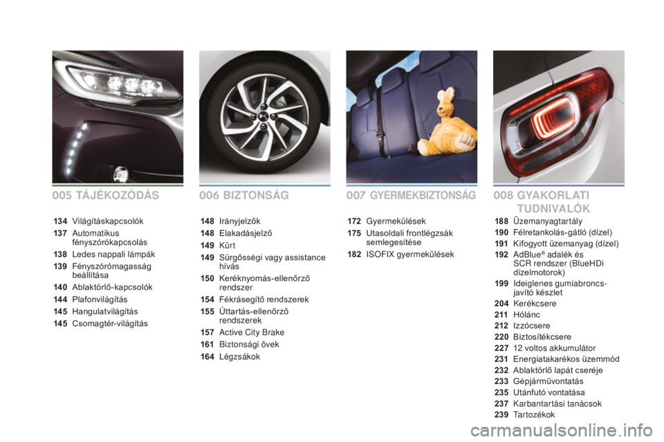 CITROEN DS3 CABRIO 2017 Kezelési útmutató (in Hungarian) DS3_hu_Chap00a_sommaire_ed02-2015
BIzTONSÁGGYAKORLATI
TUDNI
vA
LÓKGYERMEKBIzTONSÁG
172 Gyermekülések
175
U
tasoldali frontlégzsák
semlegesítése
182
i
SoFiX
gyermekülések
14 8 I
r CITROEN DS3 CABRIO 2017 Kezelési útmutató (in Hungarian) DS3_hu_Chap00a_sommaire_ed02-2015
BIzTONSÁGGYAKORLATI
TUDNI
vA
LÓKGYERMEKBIzTONSÁG
172 Gyermekülések
175
U
tasoldali frontlégzsák
semlegesítése
182
i
SoFiX
gyermekülések
14 8 I
r