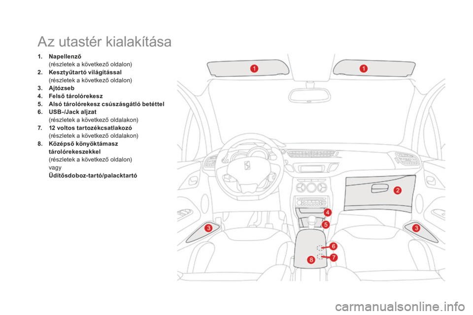 CITROEN DS3 CABRIO 2017 Kezelési útmutató (in Hungarian) DS3_hu_Chap03_confort_ed02-2015
Az utastér kialakítása
1. Napellenző (
részletek a következő oldalon)
2.
K
esztyűtar tó világítással
(
részletek a következő oldalon)
3.
A
jtózs CITROEN DS3 CABRIO 2017 Kezelési útmutató (in Hungarian) DS3_hu_Chap03_confort_ed02-2015
Az utastér kialakítása
1. Napellenző (
részletek a következő oldalon)
2.
K
esztyűtar tó világítással
(
részletek a következő oldalon)
3.
A
jtózs