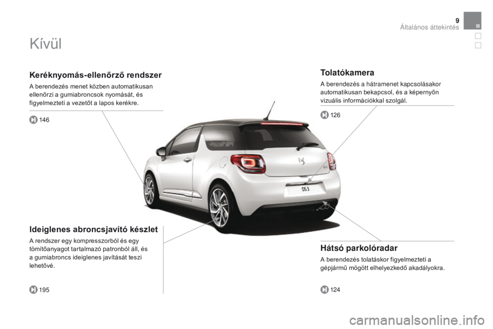 CITROEN DS3 CABRIO 2016  Kezelési útmutató (in Hungarian) 9
DS3_hu_Chap00b_vue-ensemble_ed01-2015
Keréknyomás-ellenőrző rendszer
A berendezés menet közben automatikusan 
ellenőrzi a gumiabroncsok nyomását, és 
figyelmezteti a vezetőt a lapos keré