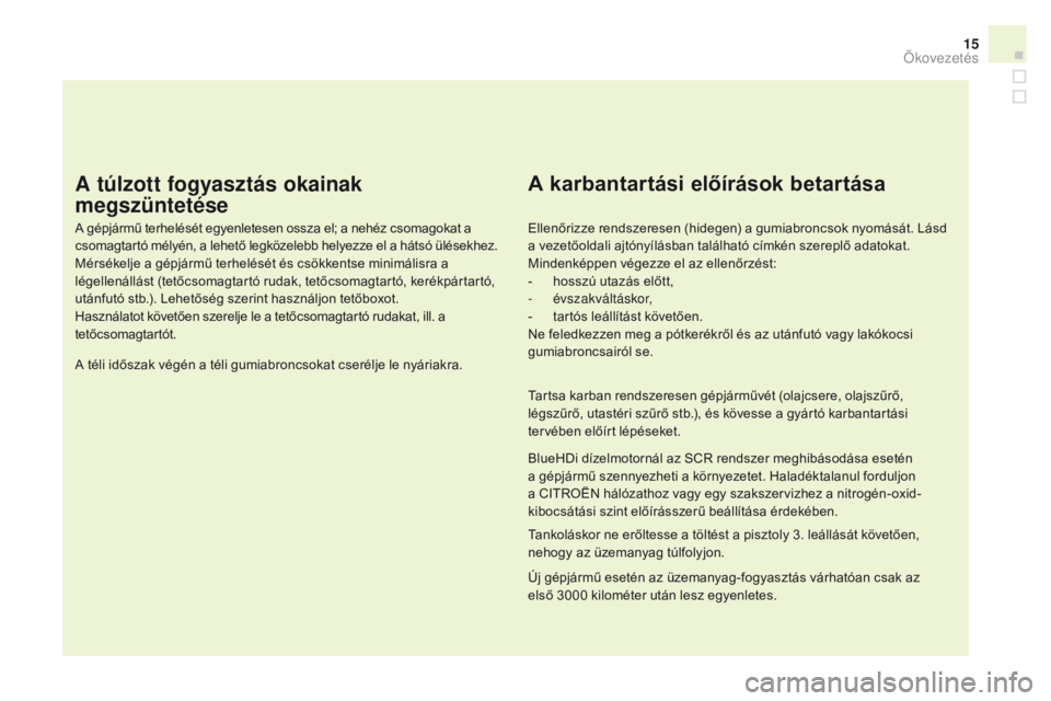 CITROEN DS3 CABRIO 2016  Kezelési útmutató (in Hungarian) 15
DS3_hu_Chap00c_eco-conduite_ed01-2015
A túlzott fogyasztás okainak 
megszüntetése
A gépjármű terhelését egyenletesen ossza el; a nehéz csomagokat a 
csomagtartó mélyén, a lehető legk�