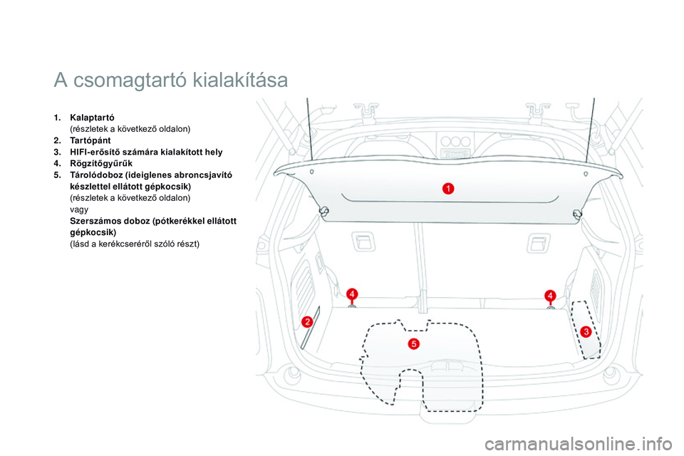 CITROEN DS3 CABRIO 2015 Kezelési útmutató (in Hungarian) DS3_hu_Chap05_amenagement_ed01-2014
1. Kalaptartó (
részletek a következő oldalon)
2.
T
artópánt
3.
H
IFI- erősítő számára kialakított hely
4.
R
ögzítőgyűrűk
5.
tá
rolódob CITROEN DS3 CABRIO 2015 Kezelési útmutató (in Hungarian) DS3_hu_Chap05_amenagement_ed01-2014
1. Kalaptartó (
részletek a következő oldalon)
2.
T
artópánt
3.
H
IFI- erősítő számára kialakított hely
4.
R
ögzítőgyűrűk
5.
tá
rolódob
