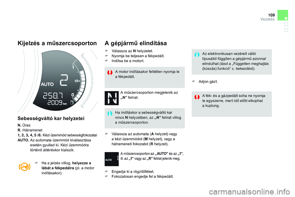 CITROEN DS3 CABRIO 2015  Kezelési útmutató (in Hungarian) 109
DS3_hu_Chap06_conduite_ed01-2014
Kijelzés a műszercsoporton
Sebességváltó kar helyzetei
N. Üres
R.  Hátramenet
1, 2, 3, 4, 5 /6.  Kézi üzemmód sebességfokozatai
AU
t

o
. 

 
A
 z autom