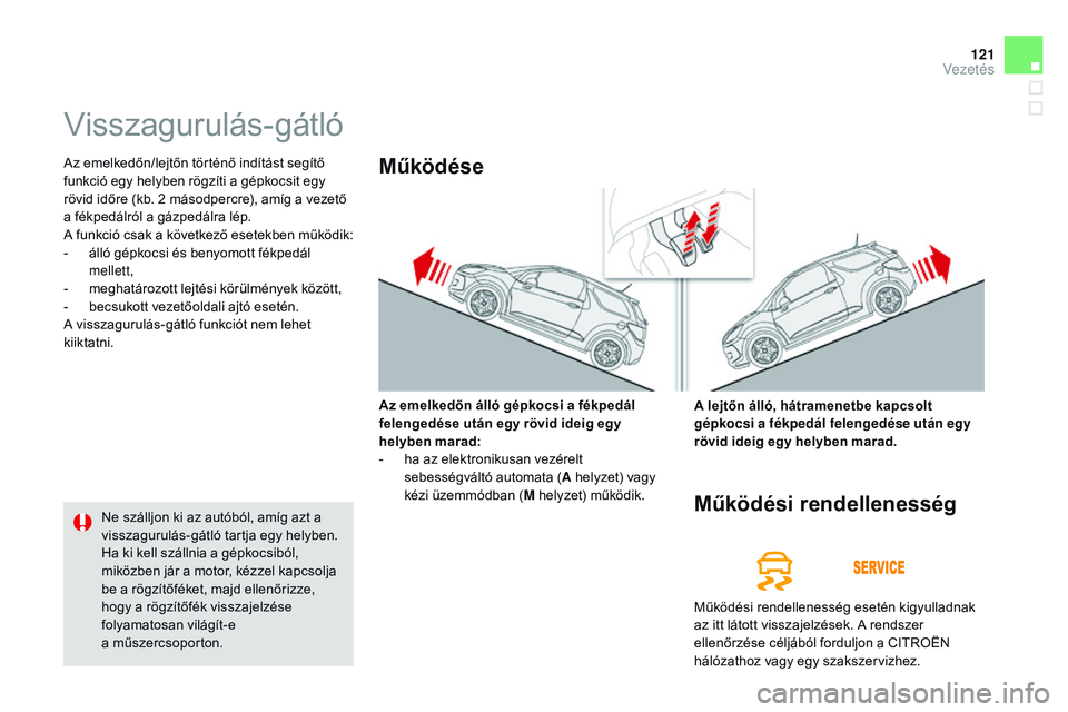 CITROEN DS3 CABRIO 2015  Kezelési útmutató (in Hungarian) 121
DS3_hu_Chap06_conduite_ed01-2014
Visszagurulás-gátló
Az emelkedőn/lejtőn történő indítást segítő 
funkció egy helyben rögzíti a gépkocsit egy 
rövid időre (kb. 2  másodpercre), 