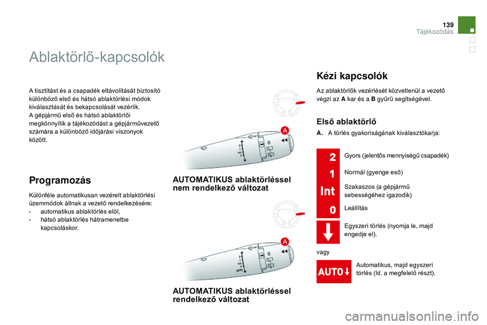 CITROEN DS3 CABRIO 2015 Kezelési útmutató (in Hungarian) 139
DS3_hu_Chap07_visibilite_ed01-2014
A tisztítást és a csapadék eltávolítását biztosító
különböző első és hátsó ablaktörlési módok
kiválasztását és bekapcsolását vezérl CITROEN DS3 CABRIO 2015 Kezelési útmutató (in Hungarian) 139
DS3_hu_Chap07_visibilite_ed01-2014
A tisztítást és a csapadék eltávolítását biztosító
különböző első és hátsó ablaktörlési módok
kiválasztását és bekapcsolását vezérl