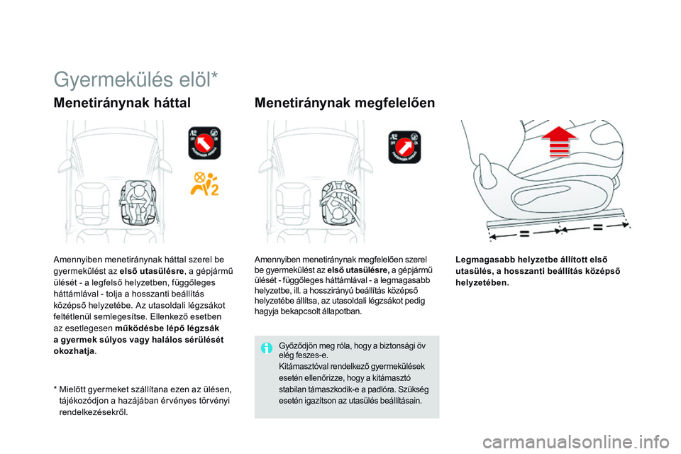 CITROEN DS3 CABRIO 2015 Kezelési útmutató (in Hungarian) DS3_hu_Chap09_securite-enfants_ed01-2014
Gyermekülés elöl*
Menetiránynak háttal Menetiránynak megfelelően
Legmagasabb helyzetbe állított első
utasülés, a hosszanti beállítás középső CITROEN DS3 CABRIO 2015 Kezelési útmutató (in Hungarian) DS3_hu_Chap09_securite-enfants_ed01-2014
Gyermekülés elöl*
Menetiránynak háttal Menetiránynak megfelelően
Legmagasabb helyzetbe állított első
utasülés, a hosszanti beállítás középső