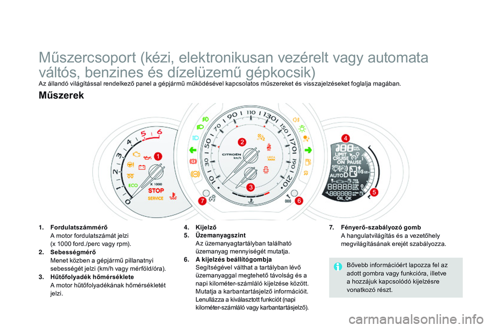 CITROEN DS3 CABRIO 2015  Kezelési útmutató (in Hungarian) DS3_hu_Chap01_controle-de-marche_ed01-2014
Műszercsoport (kézi, elektronikusan vezérelt vagy automata 
váltós, benzines és dízelüzemű gépkocsik)
Az állandó világítással rendelkező pane