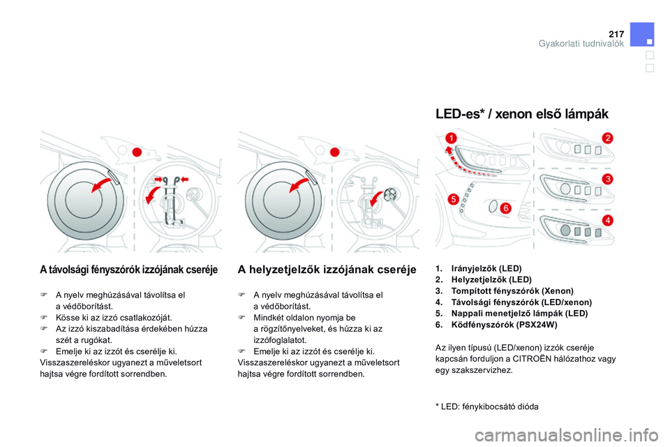 CITROEN DS3 CABRIO 2015  Kezelési útmutató (in Hungarian) 217
DS3_hu_Chap10_info-pratiques_ed01-2014
A távolsági fényszórók izzójának cseréjeA helyzetjelzők izzójának cseréje
F A nyelv meghúzásával távolítsa el  a védőborítást.
F
 
K
 ö