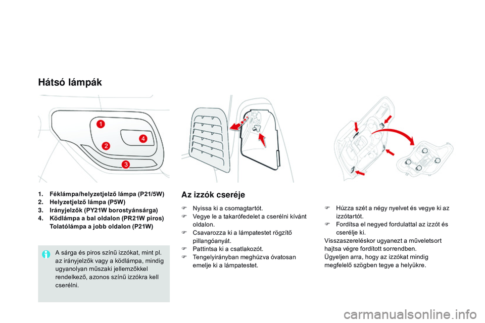 CITROEN DS3 CABRIO 2015  Kezelési útmutató (in Hungarian) DS3_hu_Chap10_info-pratiques_ed01-2014
1. Féklámpa/helyzetjelző lámpa (P21/5W)
2. Helyzetjelző lámpa (P5W)
3.
 I

rányjelzők (PY21W borostyánsárga)
4.
 K

ödlámpa a bal oldalon (PR21W piro