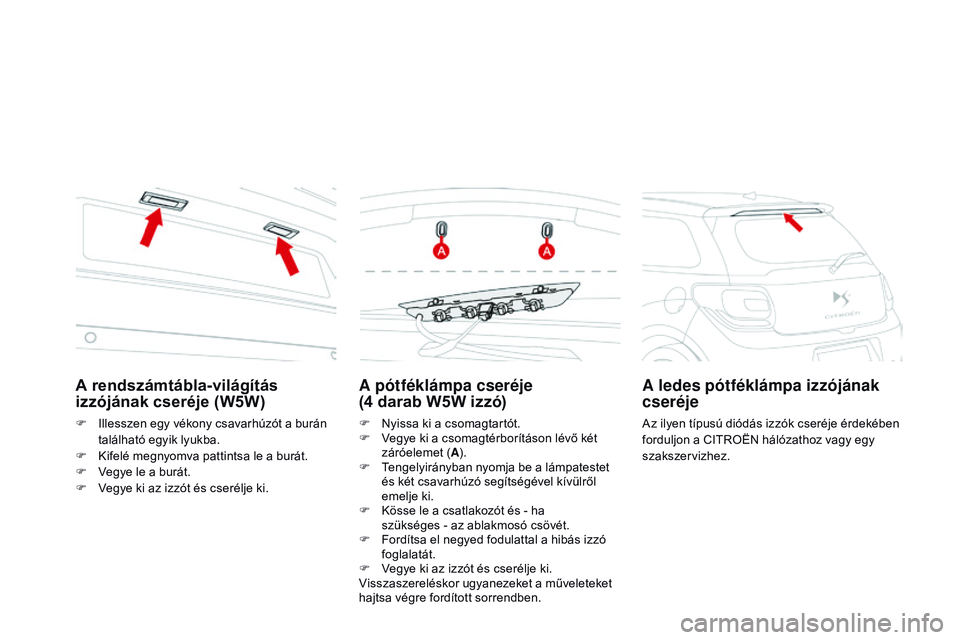 CITROEN DS3 CABRIO 2015  Kezelési útmutató (in Hungarian) DS3_hu_Chap10_info-pratiques_ed01-2014
A pótféklámpa cseréje  
(4  darab W5W izzó)
F Nyissa ki a csoma gtartót.
F  V egye ki a csomagtérborításon lévő két 
záróelemet ( A).
F
 
T
 engely