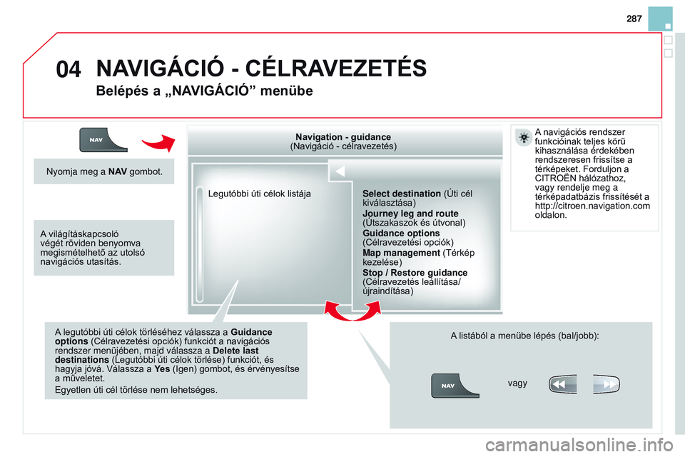 CITROEN DS3 CABRIO 2015  Kezelési útmutató (in Hungarian) 04
287
DS3_hu_Chap13b_rT6-2-8_ed01-2014
Legutóbbi úti célok listája Navigation - guidance
 
(Navigáció - célravezetés)
A legutóbbi úti célok törléséhez válassza a  Guidance 
options  (C