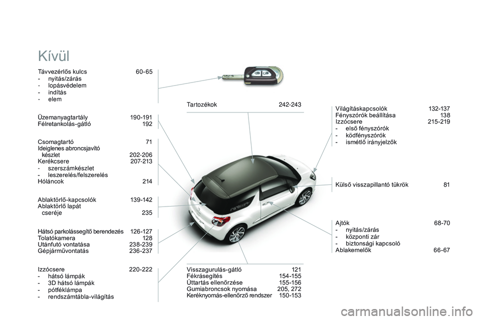 CITROEN DS3 CABRIO 2015  Kezelési útmutató (in Hungarian) DS3_hu_Chap14_index-recherche_ed01-2014
Kívül
Távvezérlős kulcs  60 - 65
- n yitás/zárás
-
 

lopásvédelem
-
 
i
 ndítás
-
  elem Világításkapcsolók 
 1

32-137
Fényszórók beállít