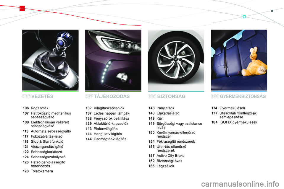 CITROEN DS3 CABRIO 2015  Kezelési útmutató (in Hungarian) DS3_hu_Chap00a_sommaire_ed01-2014
BIZtoNSÁGvE
ZEtÉSGYERMEKBIZt oN SÁG
174 Gyermekülések
17 7
 U
 tasoldali frontlégzsák 
semlegesítése
184
 I

S
oF
 IX gyermekülések
14 8 I
rányjelzők
14 