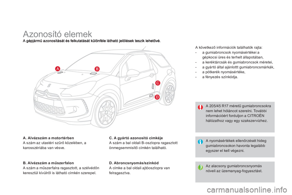 CITROEN DS3 CABRIO 2014  Kezelési útmutató (in Hungarian)    
 
 
 
 
 
 
 
 
 
 
 
 
 
 
 
 
Azonosító elemek 
A. Alvázszám a motor térben
 A szám az utastéri szűrő közelében, a 
karosszériába van vésve. 
B. Alvázszám a műszerfalon
 A szám