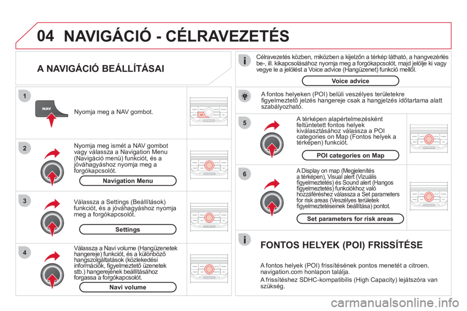 CITROEN DS3 CABRIO 2013  Kezelési útmutató (in Hungarian) 04
5
6
3 2 1
4
   
A NAVIGÁCIÓ BEÁLLÍTÁSAI 
 
 
A Display on map (Megjelenítés a térképen), Visual alert (Vizuálisy(gj
ﬁ gyelmeztetés) és Sound alert (Hangosﬁ gyelmeztetés) funkciókh