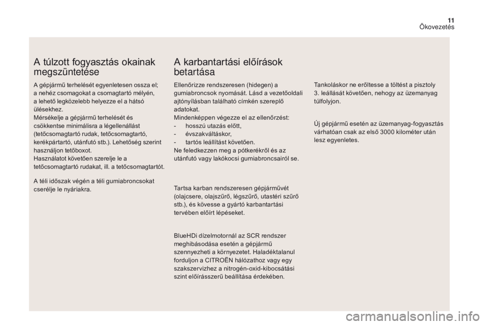 CITROEN DS4 2017 Kezelési útmutató (in Hungarian) 11
DS4_hu_Chap00c_eco-conduite_ed01-2016
A túlzott fogyasztás okainak
megszüntetése
A gépjármű terhelését egyenletesen ossza el;
a nehéz csomagokat a csomagtartó mélyén,
a lehető legk CITROEN DS4 2017 Kezelési útmutató (in Hungarian) 11
DS4_hu_Chap00c_eco-conduite_ed01-2016
A túlzott fogyasztás okainak
megszüntetése
A gépjármű terhelését egyenletesen ossza el;
a nehéz csomagokat a csomagtartó mélyén,
a lehető legk