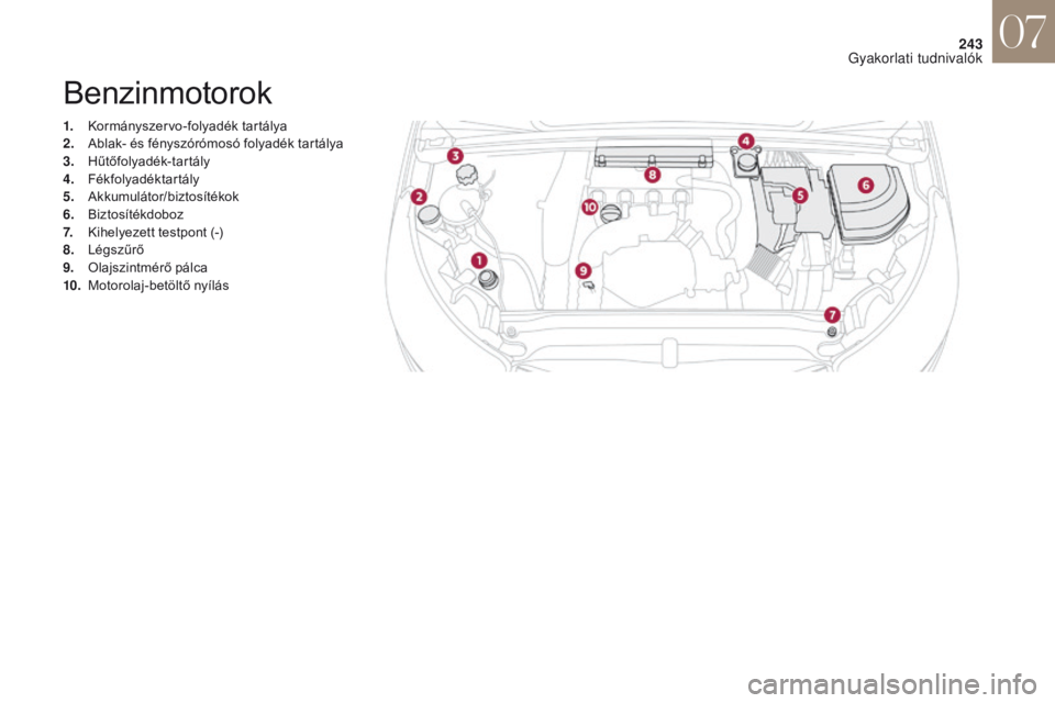 CITROEN DS4 2017  Kezelési útmutató (in Hungarian) 243
DS4_hu_Chap07_info-pratiques_ed01-2016
Benzinmotorok
1. Kormányszervo-folyadék tartálya
2. Ablak- és fényszórómosó folyadék tartálya
3.
 H

űtőfolyadék-tartály
4.
 F

ékfolyadéktar