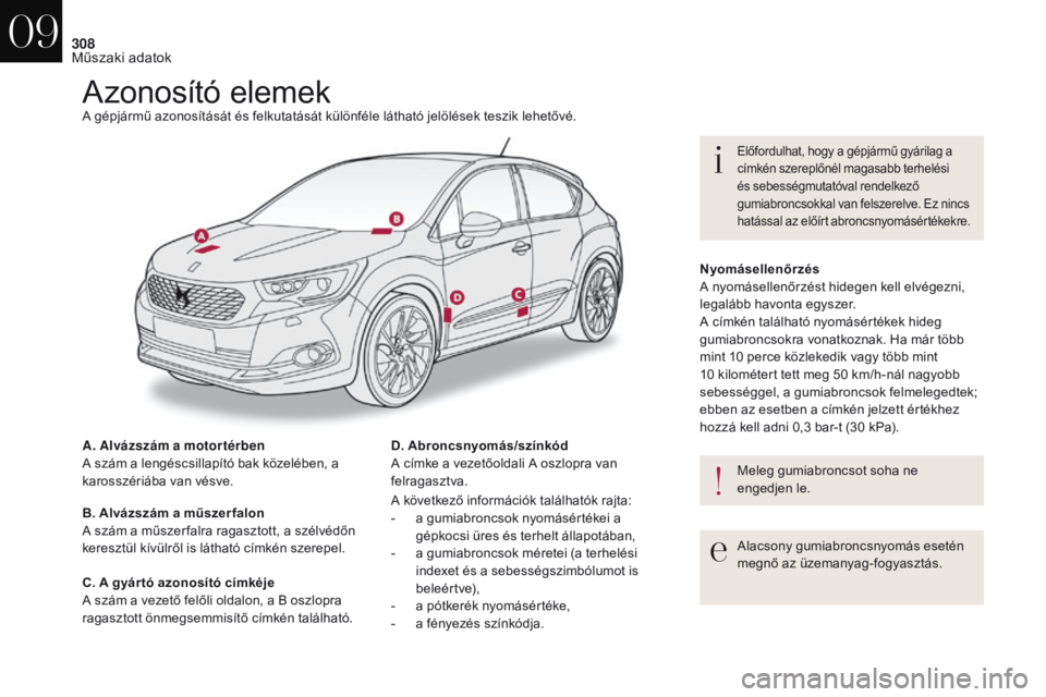 CITROEN DS4 2017  Kezelési útmutató (in Hungarian) 308
DS4_hu_Chap09_caracteristiques_ed01-2016
Azonosító elemekA gépjármű azonosítását és felkutatását különféle látható jelölések teszik lehetővé.
A. Alvázszám a motor térben
A s