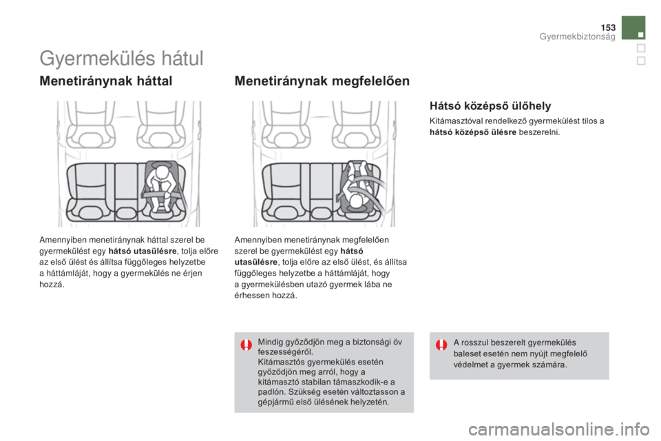 CITROEN DS4 2016  Kezelési útmutató (in Hungarian) 153
DS4_hu_Chap06_securite enfants_ed03-2015
Gyermekülés hátul
Menetiránynak háttal
Amennyiben menetiránynak háttal szerel be 
gyermekülést egy hátsó utasülésre, tolja előre 
az első ü