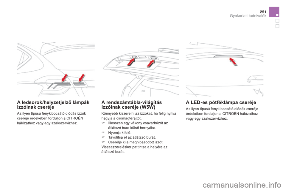 CITROEN DS4 2016 Kezelési útmutató (in Hungarian) 251
DS4_hu_Chap09_info-pratiques_ed03-2015
A ledsorok/helyzetjelző lámpák
izzóinak cseréjeA rendszámtábla-világítás
izzóinak cseréje (W5W)A LED- es pótféklámpa cseréje
Az ilyen típu CITROEN DS4 2016 Kezelési útmutató (in Hungarian) 251
DS4_hu_Chap09_info-pratiques_ed03-2015
A ledsorok/helyzetjelző lámpák
izzóinak cseréjeA rendszámtábla-világítás
izzóinak cseréje (W5W)A LED- es pótféklámpa cseréje
Az ilyen típu