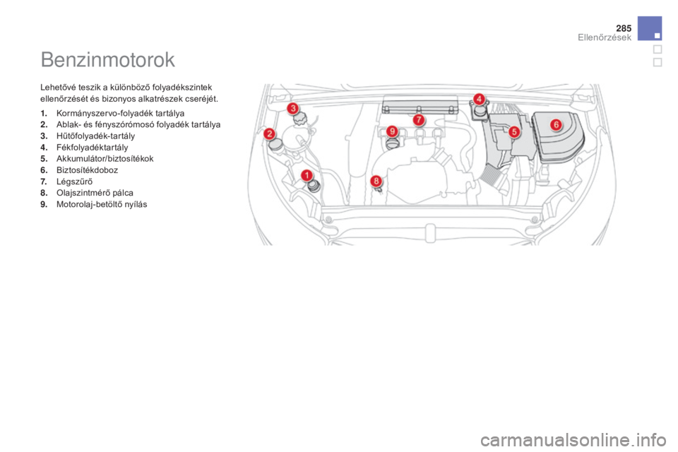 CITROEN DS4 2016 Kezelési útmutató (in Hungarian) 285
DS4_hu_Chap10_verifications_ed03-2015
Benzinmotorok
Lehetővé teszik a különböző folyadékszintek
ellenőrzését és bizonyos alkatrészek cseréjét.
1.
K
ormányszervo-folyadék tartály CITROEN DS4 2016 Kezelési útmutató (in Hungarian) 285
DS4_hu_Chap10_verifications_ed03-2015
Benzinmotorok
Lehetővé teszik a különböző folyadékszintek
ellenőrzését és bizonyos alkatrészek cseréjét.
1.
K
ormányszervo-folyadék tartály