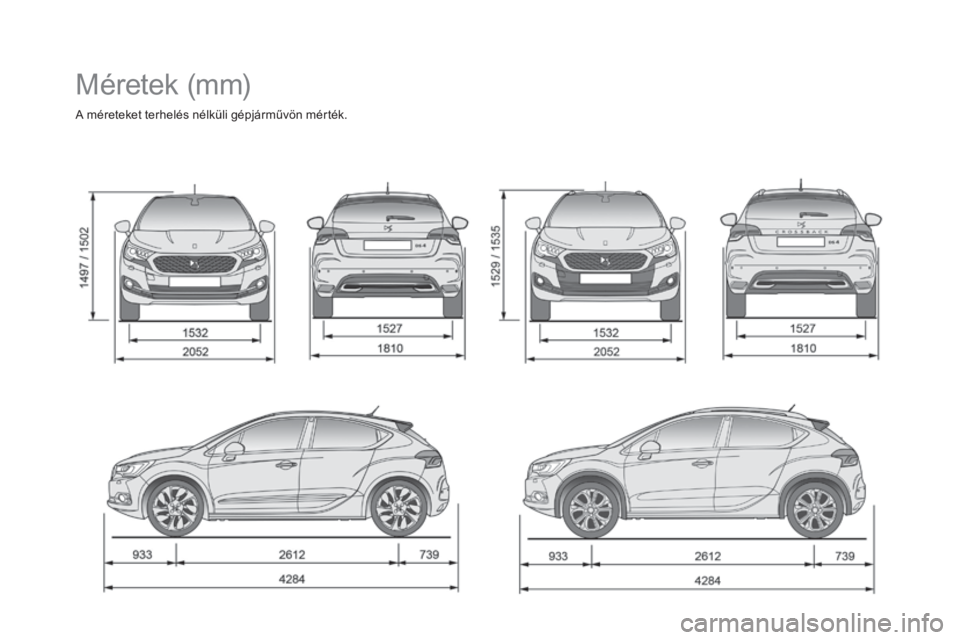 CITROEN DS4 2016  Kezelési útmutató (in Hungarian) DS4_hu_Chap11_caracteristiques_ed03-2015
Méretek (mm)
A méreteket terhelés nélküli gépjárművön mérték. 