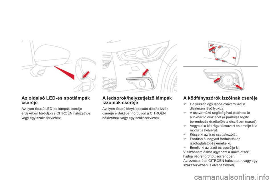 CITROEN DS4 2015  Kezelési útmutató (in Hungarian) DS4_hu_Chap10_info-pratiques_ed02-2015
Az oldalsó LED- es spotlámpák 
cseréje
Az ilyen típusú LED-es lámpák cseréje 
érdekében forduljon a CITROËN hálózathoz 
vagy egy szakszervizhez.
A 