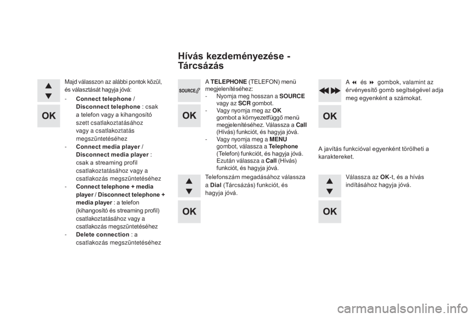 CITROEN DS4 2015  Kezelési útmutató (in Hungarian) DS4_hu_Chap12d_RD5_ed02-2015
A TELEPHONE  (TELEFON) menü 
megjelenítéséhez:
-
 
N
 yomja meg hosszan a SOURCE  
vagy az SCR  gombot.
-
 
V
 agy nyomja meg az OK 
gombot a környezetfüggő menü 
