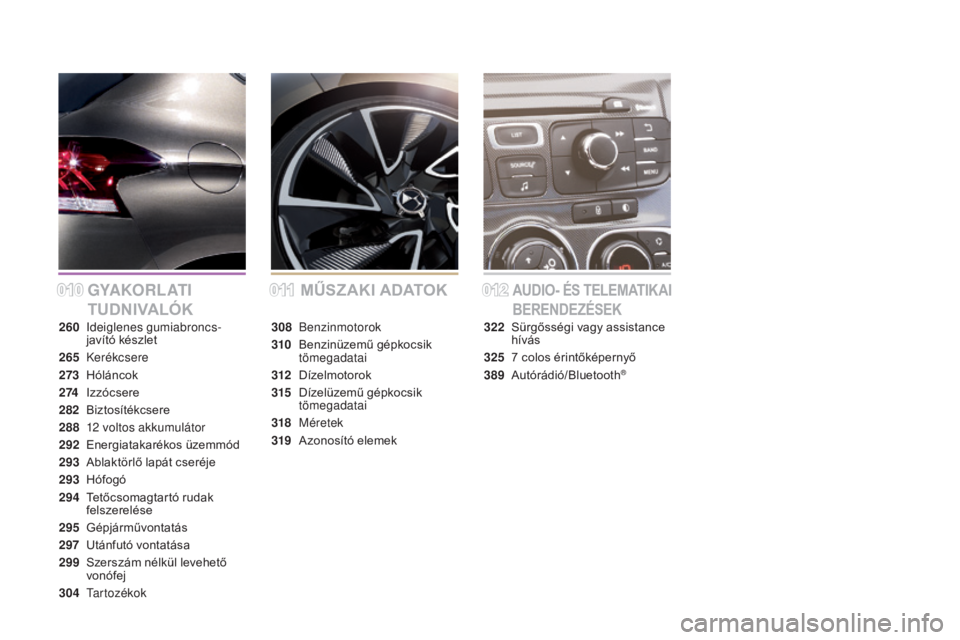 CITROEN DS4 2015 Kezelési útmutató (in Hungarian) DS4_hu_Chap00a_sommaire_ed02-2015
GYAKORLATI
TUDNIVALÓKMŰSZAKI ADATOKAUDIO- ÉS TELEMATIKAI
BERENDEZÉSEK
260 Ideiglenes gumiabroncs-
javító készlet
265
Kerékcsere
273
H
óláncok
2 74
I CITROEN DS4 2015 Kezelési útmutató (in Hungarian) DS4_hu_Chap00a_sommaire_ed02-2015
GYAKORLATI
TUDNIVALÓKMŰSZAKI ADATOKAUDIO- ÉS TELEMATIKAI
BERENDEZÉSEK
260 Ideiglenes gumiabroncs-
javító készlet
265
Kerékcsere
273
H
óláncok
2 74
I