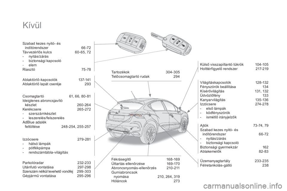 CITROEN DS4 2015 Kezelési útmutató (in Hungarian) DS4_hu_Chap00b_vue-ensemble_ed02-2015
Kívül
Szabad kezes nyitó- és indítórendszer 6 6-72
Távvezérlős kulcs
6
0 - 65, 72
-
n
yitás/zárás
-
b
iztonsági kapcsoló
-
elem
Riasztó
CITROEN DS4 2015 Kezelési útmutató (in Hungarian) DS4_hu_Chap00b_vue-ensemble_ed02-2015
Kívül
Szabad kezes nyitó- és indítórendszer 6 6-72
Távvezérlős kulcs
6
0 - 65, 72
-
n
yitás/zárás
-
b
iztonsági kapcsoló
-
elem
Riasztó