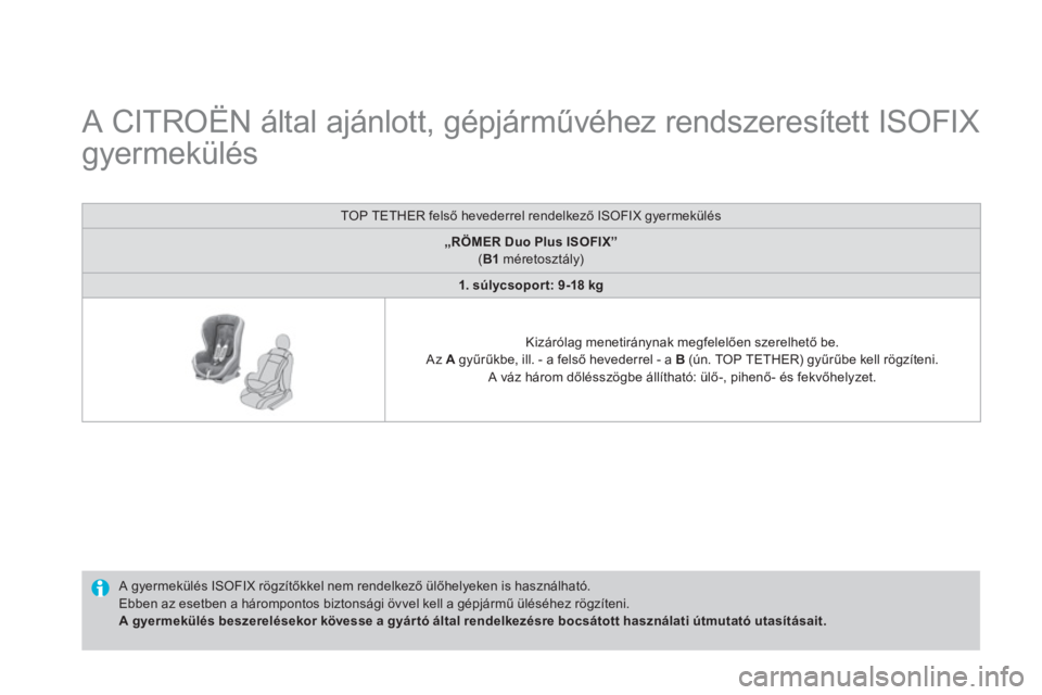 CITROEN DS4 2014  Kezelési útmutató (in Hungarian)    
 
 
 
 
 
 
 
 
 
 
 
 
A CITROËN által ajánlott, gépjárművéhez rendszeresített ISOFIX 
gyermekülés  
 
 
A gyermekülés ISOFIX rögzítőkkel nem rendelkező ülőhelyeken is használh