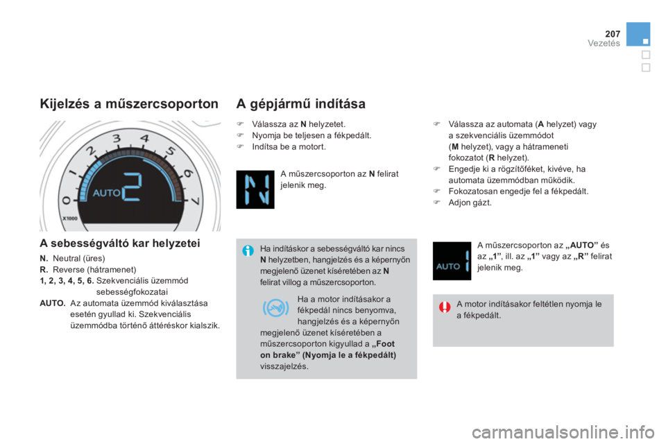 CITROEN DS4 2014  Kezelési útmutató (in Hungarian) 207Vezetés
   
A sebességváltó kar helyzetei 
 
 
N. 
  Neutral (üres) 
   
R. 
  Reverse (hátramenet) 
   
1, 2, 3, 4, 5, 6. 
  Szekvenciális üzemmód 
sebességfokozatai 
   
AUTO. 
   Az au