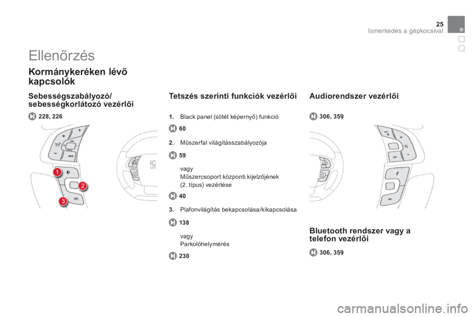 CITROEN DS4 2014  Kezelési útmutató (in Hungarian) 25Ismerkedés a gépkocsival
   
Sebességszabályozó/
sebességkorlátozó vezérlői 
 
 
Kormánykeréken lévő 
kapcsolók 
  60 
 
 
 
Tetszés szerinti funkciók vezérlői 
 
 
 
   
228, 226
