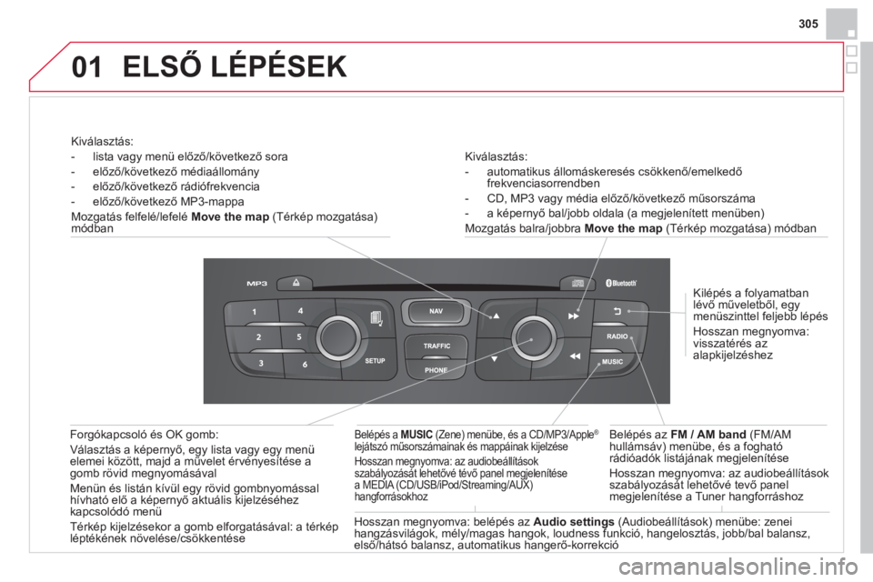 CITROEN DS4 2014  Kezelési útmutató (in Hungarian) 01
305
   
Kiválasztás: 
   
 
-   automatikus állomáskeresés csökkenő/emelkedő 
frekvenciasorrendben 
   
-   CD, MP3 vagy média előző/következő műsorszáma 
   
-  a képernyő bal/job