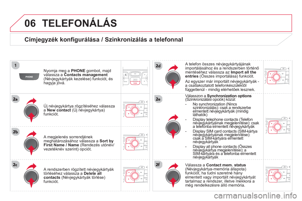 CITROEN DS4 2014  Kezelési útmutató (in Hungarian) 06  TELEFONÁLÁS 
 
 
Címjegyzék konfigurálása / Szinkronizálás a telefonnal 
 
 
Nyomja meg a  PHONE 
 gombot, majd 
válassza a  Contacts management 
 
(Névjegykártyák kezelése) funkciót