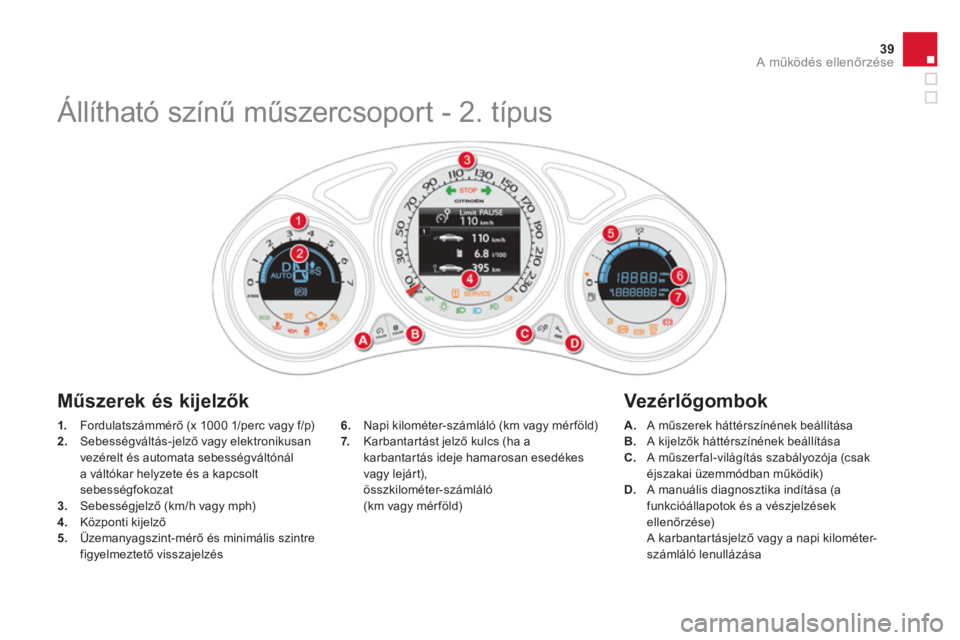 CITROEN DS4 2014  Kezelési útmutató (in Hungarian) 39A működés ellenőrzése
 
 
 
1. 
 Fordulatszámmérő (x 1000 1/perc vagy f/p) 
   
2. 
 Sebességváltás-jelző vagy elektronikusan 
vezérelt és automata sebességváltónál 
a váltókar h